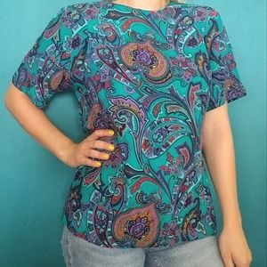 VINTAGE Paisley Teal Structured Blouse / T-shirt size S-M